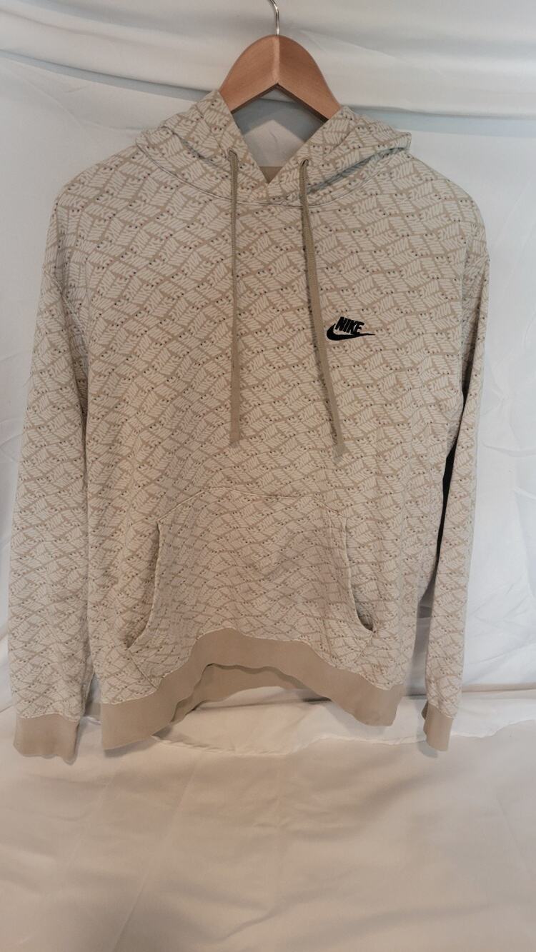 Nike Women’s Pullover Hoodie All Over Logo Print Beige Tan Swoosh Sweatshirt
